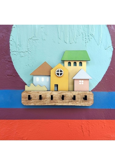 Cajuart Dekoratif Boyutlu Pastel Ton Evler Duvar Dekoru Askılık Anahtarlık