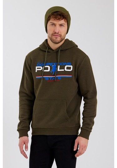 Polostate Erkek Kapüşonlu Baskılı 3 İplik Sweatshirt Haki
