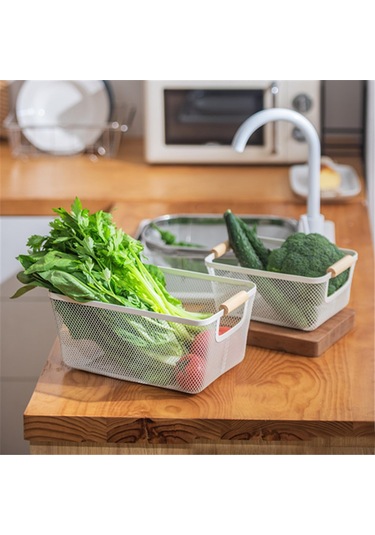 Suntek Ahşap Saplı Metal Tel Saklama Sepeti Makyaj Düzenleme Beyaz