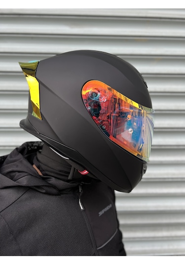 Rivox R1 Mat Siyah Revo Kapalı Kask Gold Vizörlü Mat Siyah