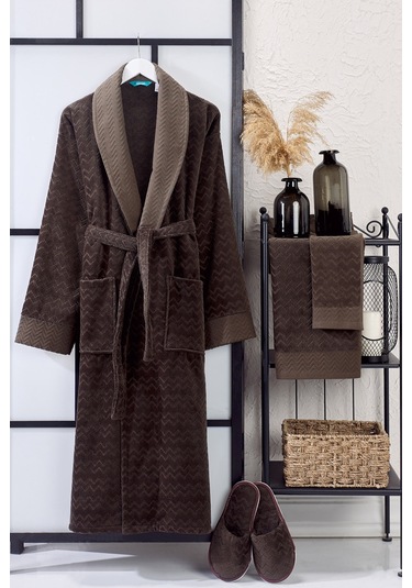 Ansaaj Kadife Jakarlı 4 Parça Bornoz Takımı Kahve
