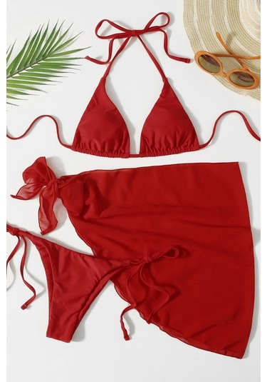 Angelsin Pareolu Bağlamalı 3'lü Bikini Takım Set Çıkartılabilir Kaplı Kırmızı
