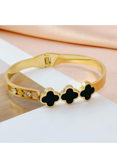 Altın Siyah Kabuk Üç Yonca Çim Kakma Pırlanta Titanyum Çelik İçi Boş Bileklik Altın