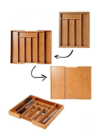 Bambu Ayarlanabilir Çekmece İçi Kaşıklık Ölçü Ayarlı 5-7 Bölmeli Doğal Organizer 30x34 Cm / 43x34 Cm Bambu