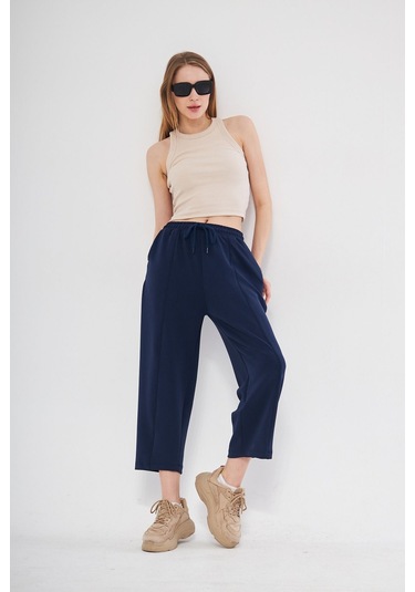 Haki Ultra Yumuşak, Dikiş Detaylı Havuç Kesim Bağcıklı Lastikli Bilek Boy Kadın Modal Pantolon Lacivert