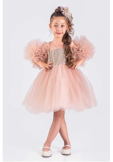 Kız Çocuk Abiye Elbise Ponpon Kol Pul Payetli Tütülü Pudra