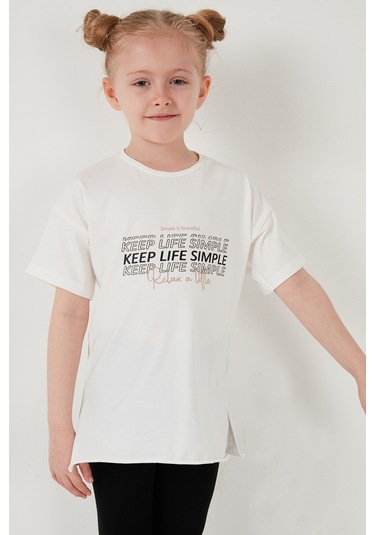 Lela Pamuklu Bisiklet Yaka Kısa Kollu Taytlı Alt-Üst Kız Çocuk Takım 6212007 Ekru