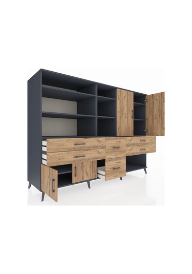 Kronos Dolap 10 Raflı 6 Çekmeceli 4 Kapaklı 220x59x163 Antrasit-ç Antrasit-çam