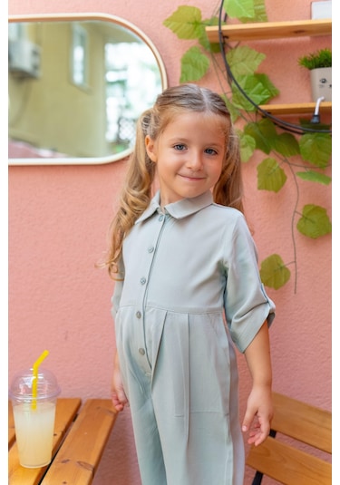 Oliventhekid Yakalı Pileli Kız Çocuk Tulum Mint Mint Yeşili