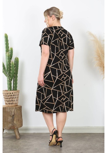 Kadın Siyah Bej Geometrik Desen Midi Elbise Siyah Bej Bej - Siyah
