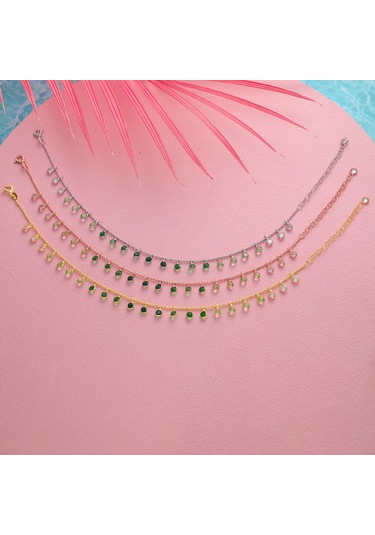 Queen Silver Jewelry 925 Ayar Gümüş Top Zicirli Yeşil Renk Geçişli Halhal Altın