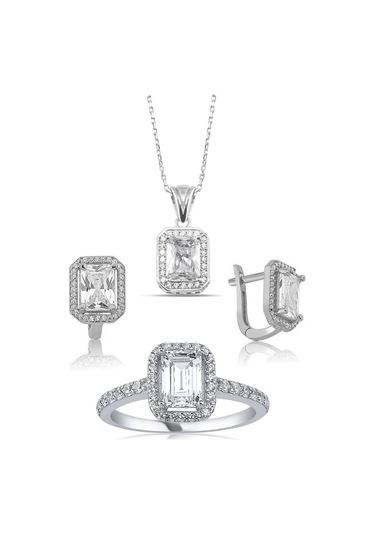 Gümüş Tek Taş Baget Set Kolye Yüzük J Küpe Wss12