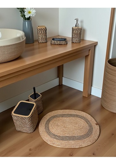 Doğal Dokulu Hasır Görünümlü 6 Parça Banyo Takımı Zarif Ve Modern Siyah