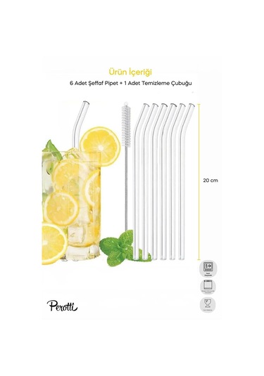 Perotti Straw 6'lı Eğimli Borosilikat Cam Pipet Ve 1 Adet Fırça