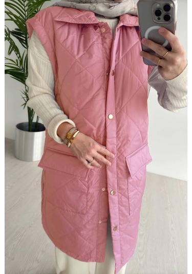 Ka Hijab Cep Detay Kapitone Yelek - Pembe Pembe
