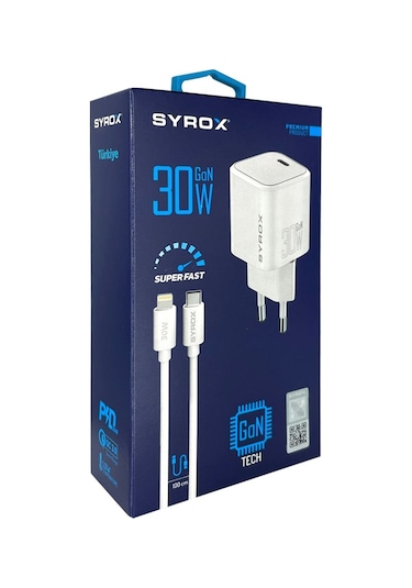 Syrox Gan30 Type C Giriş Başlık & Type C To Lightning Kablo 30w Q