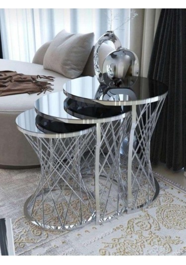 3'lü Anatol Zigon Sehpa Seti Gümüş Ayak Siyah Cam Gümüş - Siyah