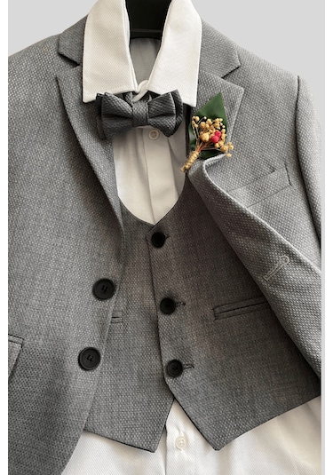 Yaka Çiçekli Yelekli Erkek Çocuk Takım Elbise Gri Gri