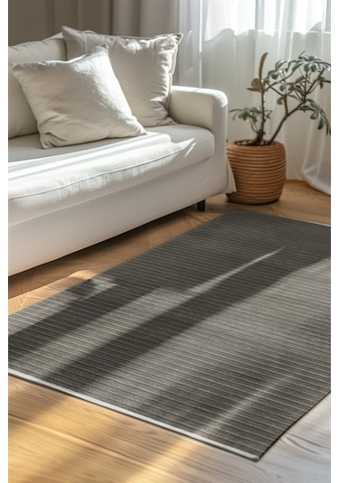 Lidya Antrasit Pamuk Dokuma Yumuşak Halı Kaymaz Tabanlı, Yıkanabilen Modern Tasarımlı Kilim Antrasit