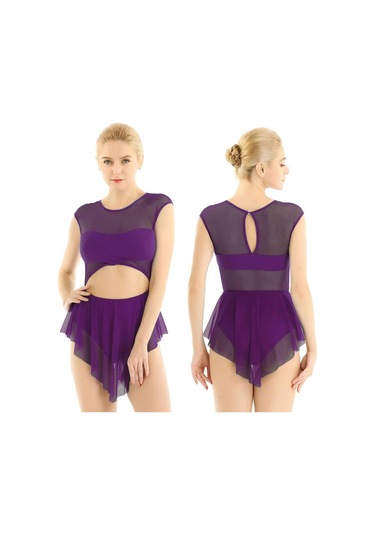 Koyu Mor Kadın Lirik Modern Bale Dans Elbise Asimetrik Şeffaf Örgü Tutu Etekli Leotard Koyu Mor