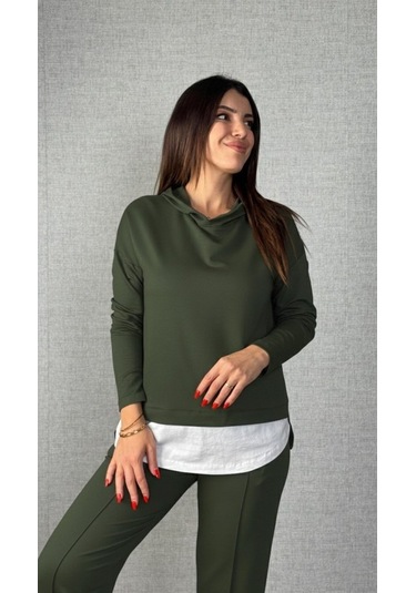 S-pazarım Kadın Uzun Kollu Kapşonlu Bağcıklı Viskon Iki Iplik Bluz Ve Pantolon Ikili Takım Yeşil