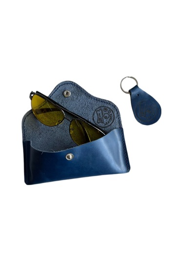 Lnderi Gerçek Deri Gözlük Kılıfı -  Deri Güneş Gözlüğü Kabı Mavi