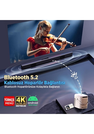 Vankyo H300A AndroidTV 4K Destekli AutoFocus+AutoKeystone 6G Wi-Fi+5.2BT Beyaz Projeksiyon Cihazı