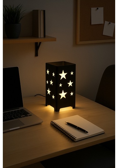 Yıldız Desenli Kablolu Metal Gece Lambası Dekoratif Led Aydınlatmalı Masa Lambası Siyah
