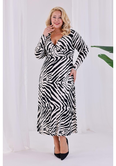Kadın Siyah Beyaz Zebra Desen Kruvaze Yaka Büyük Beden Esnek Maxi Elbise Siyah - Beyaz