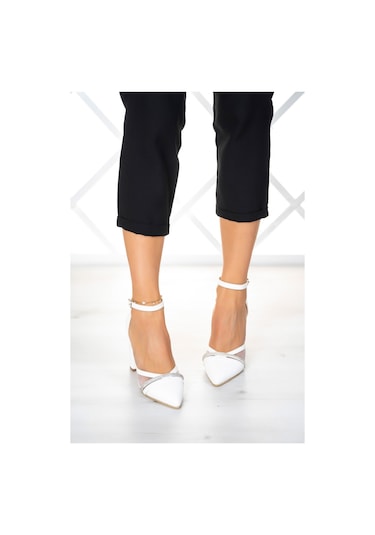 Molly Beyaz Vegan Taşlı Fileli Kalın Topuklu Ayakkabı