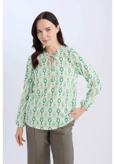 DeFacto Regular Fit Apaş Yaka Desenli Uzun Kollu Bluz N1809AZ25SPNM29 Yeşil