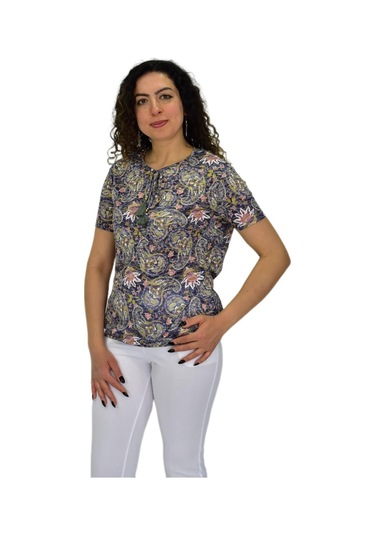 Kadın Kısa Kol Baskılı Bluz Bgl-st04689 Füme