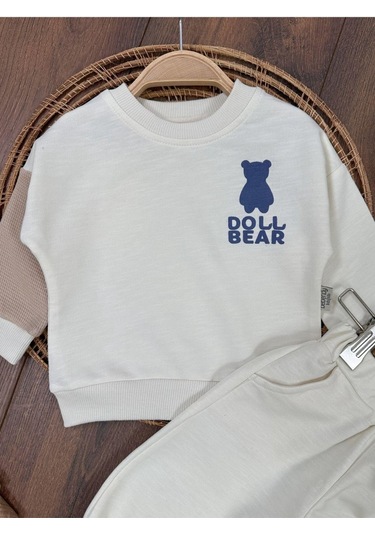 Ayıcık Baskılı Bisiklet Yaka Düğme Detaylı 2'li Bebek Takım Beyaz