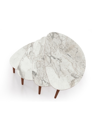 Nora 4lü Dörtlü Mdf Ahşap Zigon Sehpa - Beyaz Mermer Desen