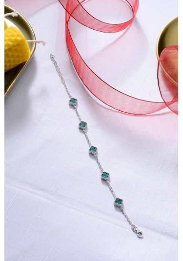 925 Ayar Gümüş Beşli 8 Mm Yonca Bileklik Yeşil 89894569