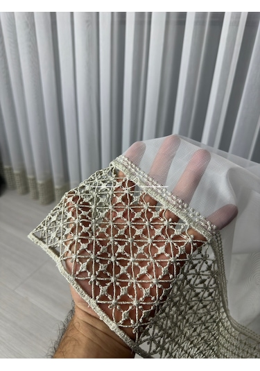 Tül Perde Etek Aplike Eritme Ruteb Desen Gold İşleme Ekru