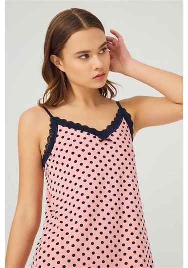 Cottonhill Pembe Lacivert Puantiyeli İnce Askılı Pamuklu Kadın Gecelik Pembe