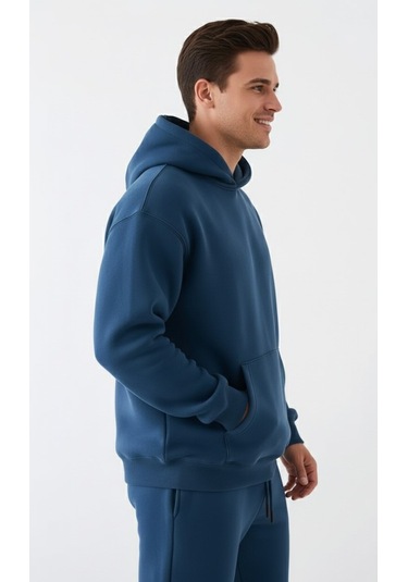 Erkek Mavi Oversize Hoodie Sweatshirt Mavi