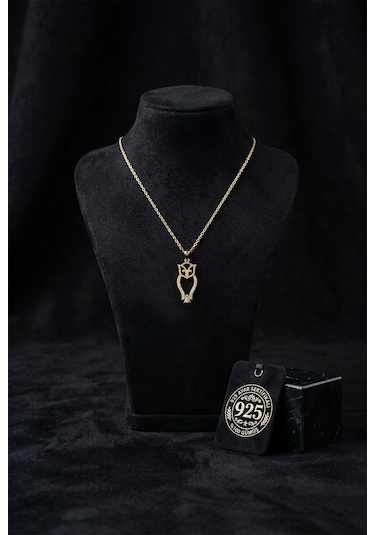 925 Ayar Zirkon Taşlı Gold Minimal Baykuş Gümüş Kolye Rzn10085
