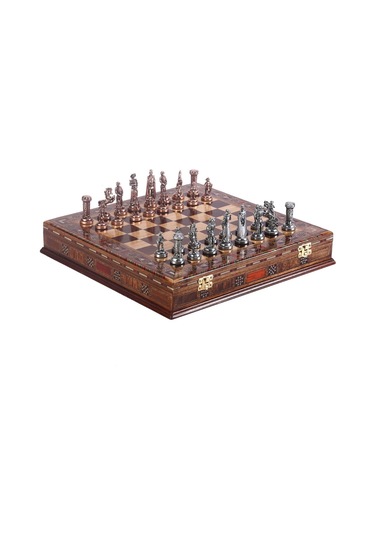 Orta Boy Metal İngiliz Satranç Takımı Antik Ve El Yapımı Masif Ahşap Sandıklı Satranç Tahtası