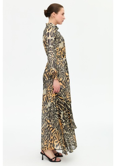 Leopar Desenli Empirime Elbise Kahve Kahve
