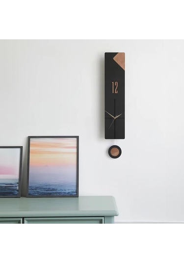 Cajuart Modern Uzun Ahşap Siyah Düz Çizgili Sarkaçlı Duvar Saati