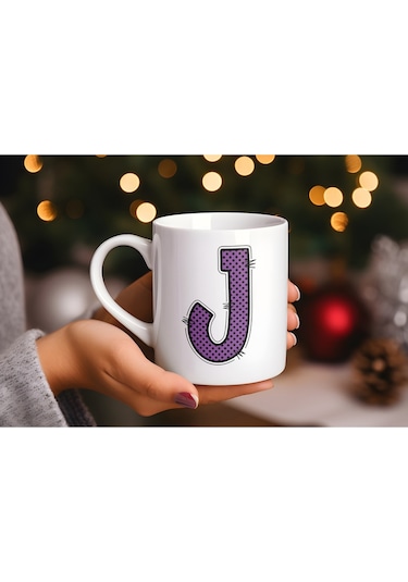 J Harfi Mor Puantiyeli Kupa Bardak - Polka Dot Tasarım Kahve Çay Bardak - Kişiye Özel Hediyelik Beyaz