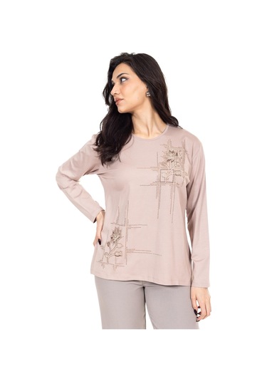 Yeni Sezon Kadın Orta Yaş Ve Üzeri Viskoz Kanaviçe İşlemeli Lüks Anne Penye Bluz 24311-krem Rengi