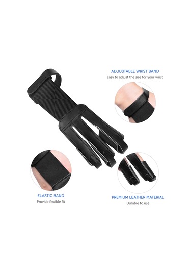 Yaleker Okçular İçin Siyah İnek Derisi 3 Parmak Koruyucu Eldiven - 20x7 Cm, 30 G