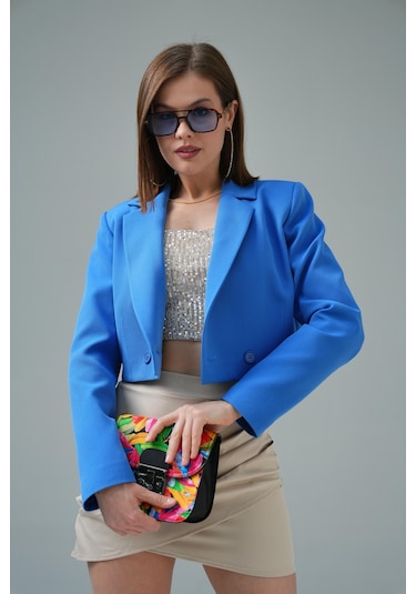 İndigo Kruvaze Crop Blazer Ceket İndigo