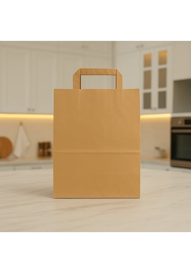 Flat Saplı Kraft Kağıt Çanta 32x21x32 Cm Doğal Kahverengi, Dayanıklı, Baskısız Çanta-10 Adet