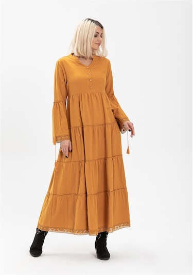 Uzun Kol Seçil Pazen Uzun Elbise Hardal Hrd