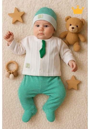 Babyhola 8 Parça Kravatlı Erkek Bebek Hastane Çıkış Seti Mavi 7061 Yeşil