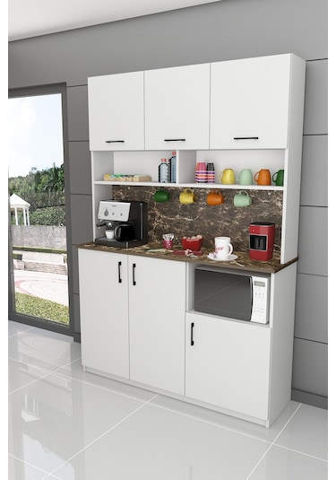 %100 Mdflam Kahve Köşesi Çok Amaçlı Mutfak Dolabı Kahve03 Beyaz - Siyah Taş Beyaz - Siyah Taş